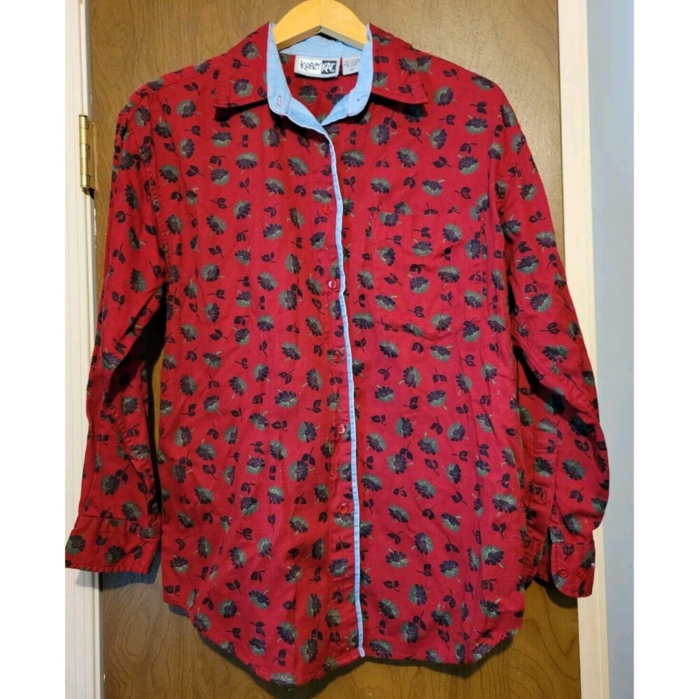 Krazy Kat Womens Button Down Shirt Red Floral Long Sleeve Chambray Accent Size M